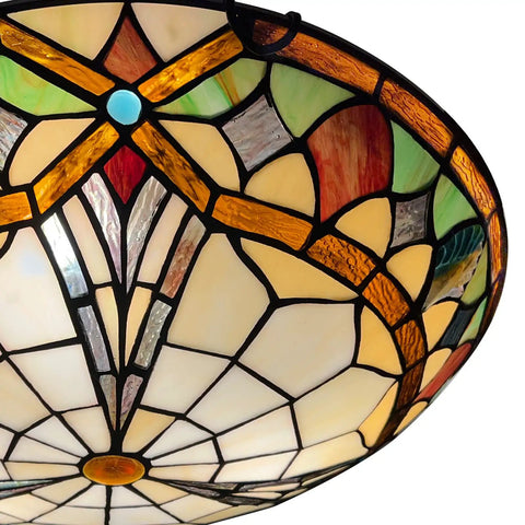 Close-up of Tiffany Style 3 Light Ceiling Fixture, 16 Inch Stained Glass Flush Mount For Bedroom, Dining Room, Living Room, Entryway And Foyer, Vintage Colored Glass Ceiling Light For Cozy Home Ambience with intricate design.