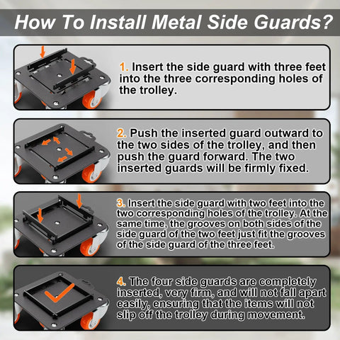 Image showing step-by-step installation of metal side guards for Heavy Duty Furniture Dolly With 360 Swivel Casters, Tough As Nails Build.