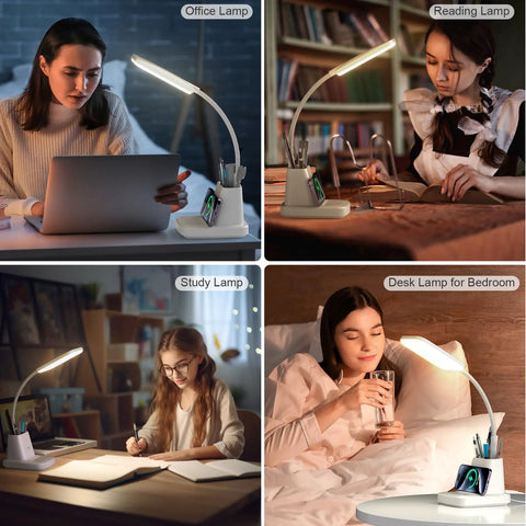 Desk Lamp With Wireless Charger For Home Office, LED Eye Caring Light With 10W Qi Pad, in various study and reading settings