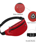 Red waterproof fanny pack showing water resistance, earphone hole, and buckle. Waterproof Fanny Pack For Women And Men Crossbody Waist Bag.