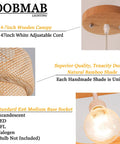 Hand Woven Bamboo Pendant Light With Natural Rattan Basket Shade Dope Beige Bamboo Chandelier details, wood canopy, light bulb socket.