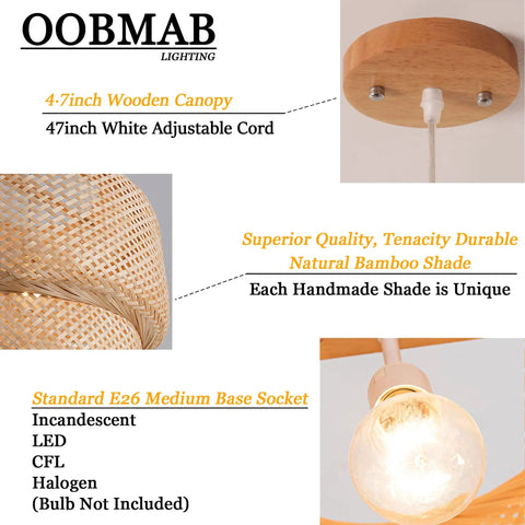 Hand Woven Bamboo Pendant Light With Natural Rattan Basket Shade Dope Beige Bamboo Chandelier details, wood canopy, light bulb socket.