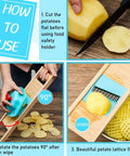 Three-piece waffle fry cutter set with a blue handheld slicer; lattice potato fries shown on a wooden board