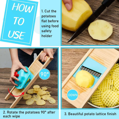 Three-piece waffle fry cutter set with a blue handheld slicer; lattice potato fries shown on a wooden board