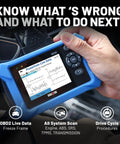 Person holding OBD2 Scanner For All Systems With Live Data Readout Clears Check Engine, ABS, SRS and TPMS Codes with display screen