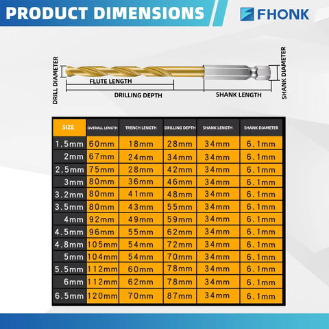 Heavy Duty 13 Piece Cobalt Drill Bit Set With Titanium Coating For Tough Jobs Like Metal Wood And Plastic Quick Hex Shank Design That Cuts Through Steel Fast Without Heat Buildup Perfect For Any Pro or DIY Guy Looking For Reliable High Speed Bits Right. Size chart for 1.5mm to 6.5mm hex shank drill bit