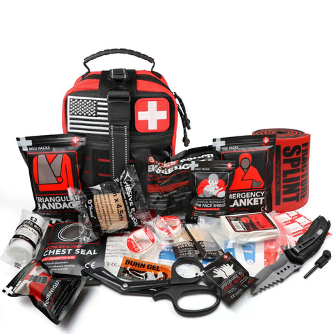 Essential Trauma First Aid Kit With Israeli Bandage Chest Seal Tourniquet Splint And Molle IFAK For Bleeding Control Wound Care And Tactical Medical Prep For Outdoors, Home And Adventure Red displayed with contents visible