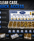 Clear case metric rivet nut mandrel kit with 77 brass inserts, M3-M12 sizes, organized in labeled compartments