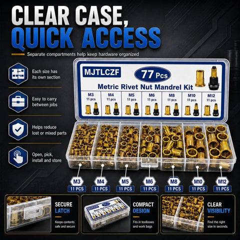 Clear case metric rivet nut mandrel kit with 77 brass inserts, M3-M12 sizes, organized in labeled compartments