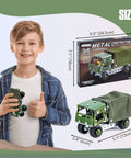 Boy holding model from Hands On Military Truck STEM Building Toy Set For Boys Ages Eight To Twelve Metal Army Vehicle Model Kit.