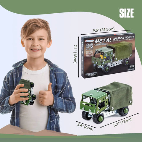 Boy holding model from Hands On Military Truck STEM Building Toy Set For Boys Ages Eight To Twelve Metal Army Vehicle Model Kit.