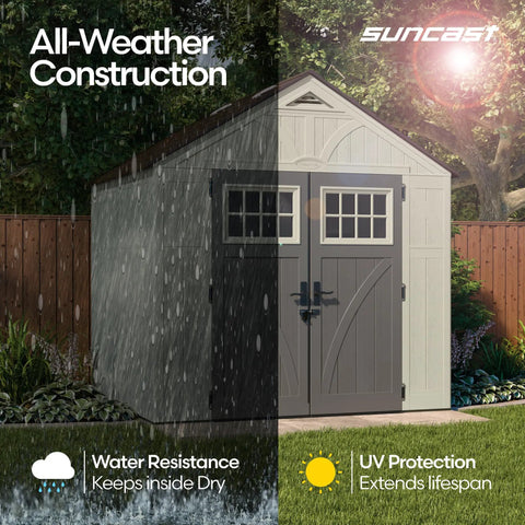 8x7 Ft Outdoor Storage Shed With Floor, Lockable Double Doors, Skylights, Weatherproof Design Demonstrating All-Weather Protection