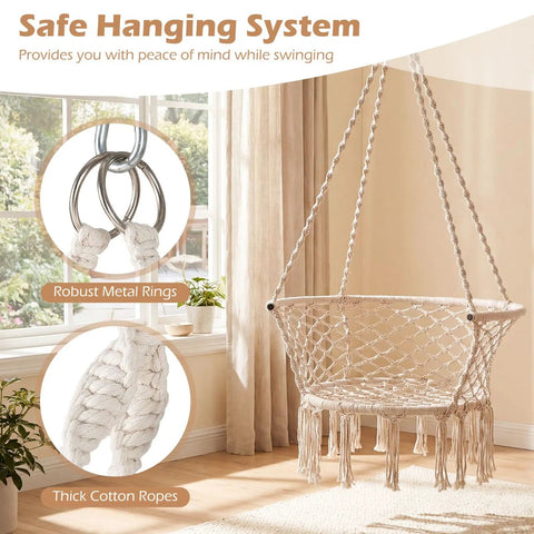 Beige Macrame Hammock Chair With 350 Pound Capacity Handwoven Tassels Boho Hanging Chair, indoor sunlight, robust metal rings.