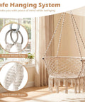 Macrame Hammock Chair With Tassels, Cozy Boho Hanging Swing For Indoor Or Outdoor Use, One Point Or Two Point Installation, Beige
