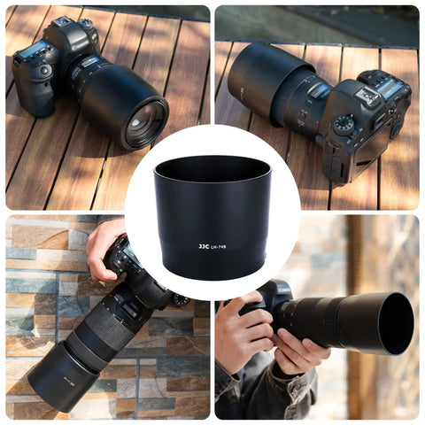 Go-To Lens Hood Shade Protector For Canon RF 100-400mm F5.6-8 IS USM And EF 70-300mm F4-5.6 IS II USM attached to camera