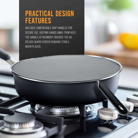 Four Piece Stainless Steel Splatter Guard Set With Fine Mesh on frying pan, grease and oil splash protection, comfort grip handles