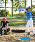 Kids playing with 5 Piece Baseball And Softball Base Set With Carrying Bag, including blue home plate in a baseball field.