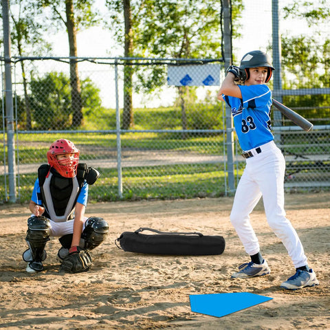 Kids playing with 5 Piece Baseball And Softball Base Set With Carrying Bag, including blue home plate in a baseball field.