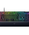 Top Tier Mechanical Gaming Keyboard With Kickass Clicky Green Switches And Lightning Fast Actuation Paired With Sleek Per Key RGB Underglow Lighting, top view showing colorful RGB backlighting.