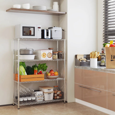 Beefy 4 Tier Metal Shelf Unit With Adjustable Shelves And Feet, Heavy Duty Storage Rack in kitchen setting, silver gray finish.