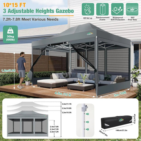 10x15 Heavy Duty Pop Up Canopy Tent With Sidewalls, Waterproof, No Fuss Setup, Mosquito Netting, Instant Outdoor Shelter For Parties And Weddings, Backyard, Carry Bag Included, Gray.