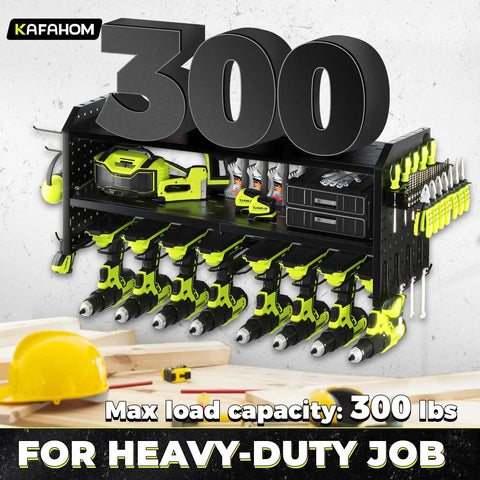 Heavy Duty Metal Power Tool Organizer Wall Mount With Eight Drill Holders, Twelve Hooks, Battery Shelves in garage setup