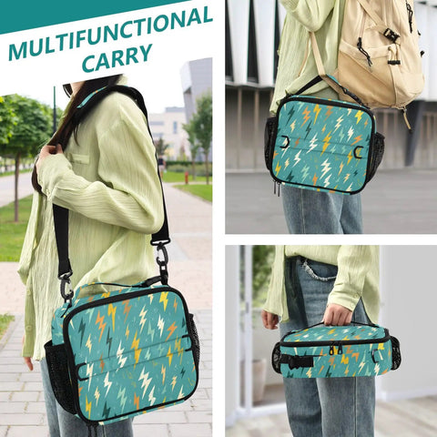 Lightning Bolt Insulated Lunch Bag For Kids And Adults Portable Cooler Tote With Shoulder Strap High Grade Polyester Thermal Retention Aluminum Lining Spacious Main Compartment And Side Mesh Pockets Ideal For School Office Travel, teal lightning print