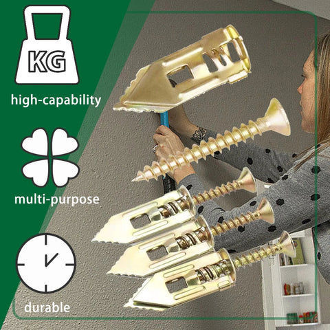 410 Pcs Self Drilling Drywall Anchors Kit With Two Anchor Sizes and Four Screw Sizes in use on a wall by a person.