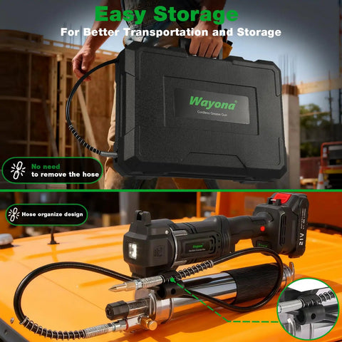Cordless Grease Gun 12000 PSI Kit With 2 Rechargeable Batteries 39.4 Inch Flexible Hose LED Light Fast Charger shown with case