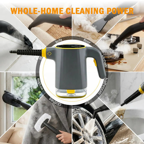 Entalva Handheld Steam Cleaner Gray With Smart Led Display And 15 Pieces Cleaning Kit used on various surfaces like sofa, floor, and kitchen.