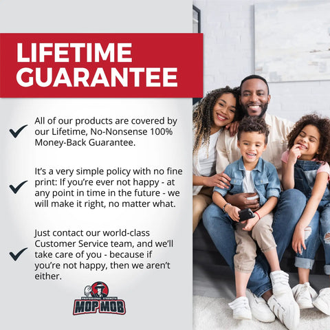 Lifetime guarantee information with happy family, reflecting customer satisfaction and money-back assurance.