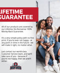 Family sitting together smiling with 'Lifetime Guarantee' text, promoting Mop Mob's 100% money-back guarantee policy.