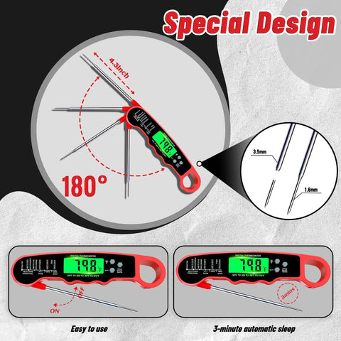 Instant Read Digital Meat Thermometer With Backlight And Magnetic Mount For Kitchen And Grilling, Accurate Two To Three Second Temperature Read, IP67 Waterproof For Beef Pork Poultry Turkey, display angle and 3-minute sleep feature