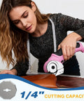 Cordless Electric Scissors With Safety Lock cutting leather, featuring pink 4.2V portable shears, shown in use for easy crafting at home.