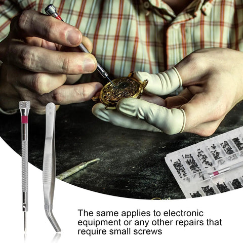 Person using 500 Pcs Micro Glass Screws Repair Kit With Tweezers And Screwdriver M1.2 M1.4 M2 for watch repair.