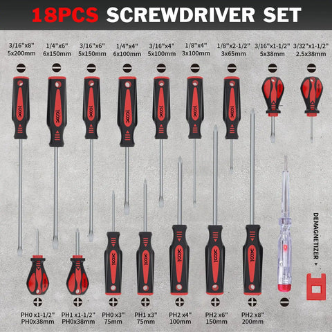 18 Piece Magnetic Screwdriver Set With Case 7 Phillips And 9 Slotted Tips Cushioned Grip Non Slip For Home Repair DIY Projects Computer Repair And Toy Battery Replacement A Solid Gift For Any Handyman displayed with labeled sizes and red handles.