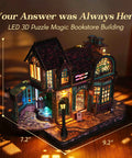 3D Wooden Puzzle Bookstore With LED Lights Spellbound Miniature Kit for DIY Home Decor and Desk Display, cozy magical shop scene, dimensions shown.