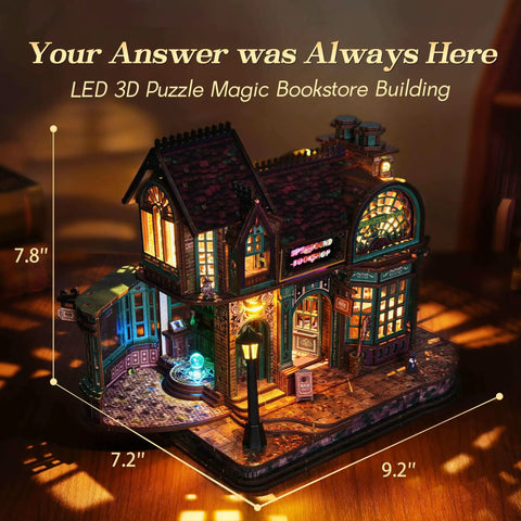 3D Wooden Puzzle Bookstore With LED Lights Spellbound Miniature Kit for DIY Home Decor and Desk Display, cozy magical shop scene, dimensions shown.