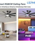Smart ceiling fan in living room shows RGB and warm white light modes, 52 Inch Ceiling Fan With Light And Remote, Reversible DC Motor