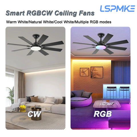 Smart ceiling fan in living room shows RGB and warm white light modes, 52 Inch Ceiling Fan With Light And Remote, Reversible DC Motor
