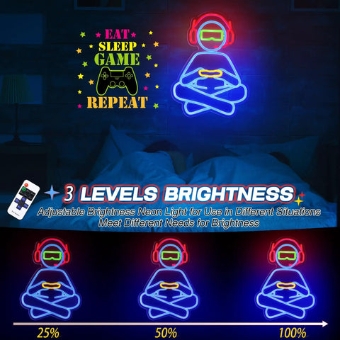 Gamer Neon Sign For Wall Decor 3D Dimmable USB Powered With 8 Modes Control illuminating bedroom wall at night