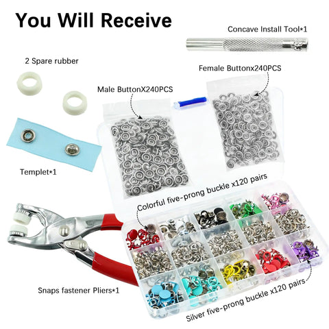 240 Piece Snaps Button Fastener Kit With Hollow And Solid Prong Snaps, Pro Grade Pliers Press Tool, 11 Color Varieties