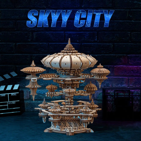 3D Wooden Puzzle Kit for Adults With SkyCity Cityscape, 600 Plus Pieces, Mind Blowing Mechanical DIY Craft That Doubles as a Music Box, Perfect STEM Toy Gift for Puzzle Fans and All Occasions, assembled wooden cityscape model