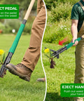 Stand Up Weed Puller With Two Weed Ejects, 43.7 Inch Long Handled Garden Weeder demonstrating foot pedal and hand use.