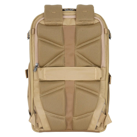 Back view of Metro B30L 30L Camera Backpack With Convertible Daypack In Beige, showing padded straps and breathable mesh design.