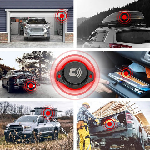 BT Vibration Sensor Add On For CarLock Device Amped Up Theft Protection With Instant Motion Alerts Extends CarLock OBD Or Wired System Not Standalone Easy Install On Doors Or Valuables, shown on vehicles and cargo