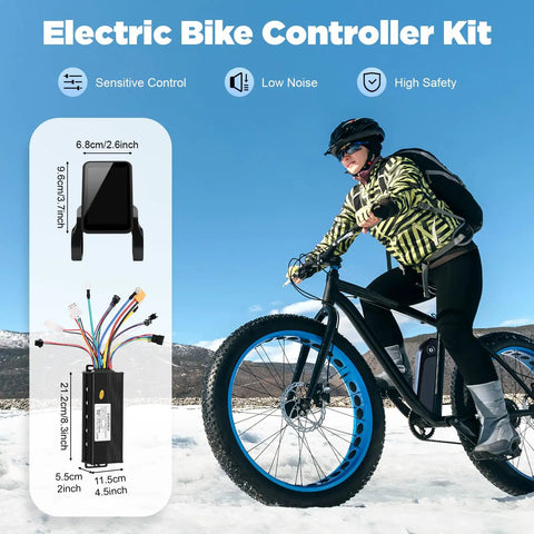 Brushless Electric Bicycle Controller Kit 36V And 48V 750-1200W With FOC Sine Wave For Ultra Quiet, Ultra Smooth Ride, Effortless City Commute, Weekend Cruisin, And Quick Performance Upgrades. Black aluminum controller with LCD display and wiring, 21.2cm x 5.5cm x 11.5cm