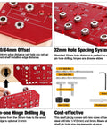 2 In 1 Shelf Pin And Hinge Jig For Cabinets, Aluminum Alloy Drill Template With One Quarter Inch And 5mm Drill Bits, Concealed Hinge Jig For Cabinet Doors, DIY Woodworking Tool That Saves Time And Delivers Pro Grade Precision, featuring 37/50/64mm offset and 32mm hole spacing system.