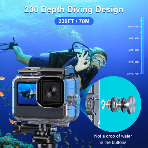 Waterproof Housing For GoPro Hero 13 12 11 10 9 Black Ultra Rugged IP68 Case displayed with diver underwater.