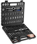 84 Piece Pro Grade Tap And Die Set with SAE and Metric Sizes in open storage case showing taps, dies, wrenches, and tools.